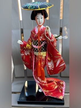Wisteria Maiden Japanese Red Silk Geisha Doll with Black Checkered Obi